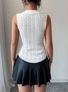 Chiquease New Simple Korean Style Sleeveless Pure Linen Knitted Polo Neck Embroidered Pullover Sweater For Women, Spring/Summer - White - View 2