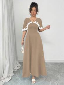 Chiquease Women's Elegant Colorblock Ruffle Detail Long Dress With Cape, Spring/Summer - Khaki - View 7