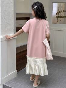 DAZY Tween Girl Round Neck Knit Short Sleeve Butterfly Print Patchwork Dress, Summer,Back To School Clothes - Pink - View 2