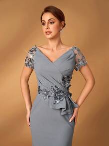 Serin Mùa hè thanh lịch lộng lẫy lãng mạn màu xám đậm sequin thêu khâu co giãn dệt kim trễ vai tay ngắn sequin sang trọng thiết kế đính kết viền đuôi cá mỏng khâu bèo nhún không đối xứng thích hợp cho tiệc tối tiệc độc thân khiêu vũ ngày lễ đám cưới sự kiện tiệc tối váy cô dâu mẹ - Xám - Xem 1