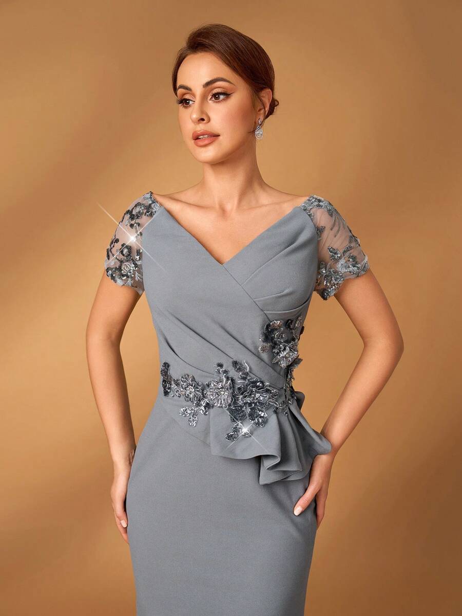Serin Mùa hè thanh lịch lộng lẫy lãng mạn màu xám đậm sequin thêu khâu co giãn dệt kim trễ vai tay ngắn sequin sang trọng thiết kế đính kết viền đuôi cá mỏng khâu bèo nhún không đối xứng thích hợp cho tiệc tối tiệc độc thân khiêu vũ ngày lễ đám cưới sự kiện tiệc tối váy cô dâu mẹ - Xám - Xem 1