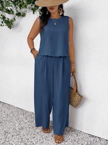 SHEIN Frenchy Outfit in großen Größen mit Lässig strukturierter Bluse mit Schleifendetail an der Taille, ärmelloser Top und lang geschnittener Hose, zweiteiliges Set - Blau - Übersicht 6