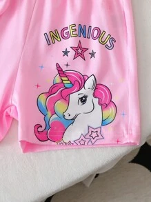 Young Girls Pink Colorful Unicorn Ruffle Short Sleeve T-Shirt With Elastic Waist Shorts Set, Casual For Summer Daily Wear