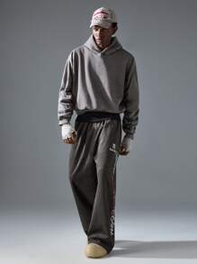 NEON BLANC Men's Loose Fit Long Printed Wide-Leg Sweatpants, Fashionable Streetwear Style - Black - View 7