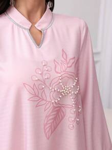 Al Najma V-Neck Splice Silver Trim Ribbon Embellished Beaded Floral Arabic Dress,Modest - Pink - View 5