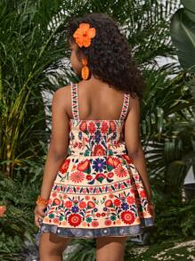 SHEIN SLAYR KIDS Tween Girl Fashion Holiday Floral Print Tank Top & Placement Flower Print Skirt 2pcs Set Mommy And Me Matching Outfits (2 Sets Sold Separately) - White - View 3