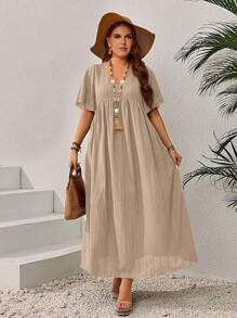 EMERY ROSE Robe décontractée à col en V, manches chauve-souris et plissée pour femmes en surpoids au début du printemps
