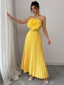 SHEIN PETITE Vestido de línea A con decoración floral elegante, cintura drapeada, cintura alta, apropiado para fiestas y uso diario, color amarillo, para mujer primavera/verano