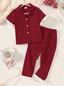 SHEIN Young Girl Washed Creased Fabric 2 Pieces Outfit With White Ruffle Trim Top And Pants, Casual Elegant Style, Home Wear Set - Red - View 4