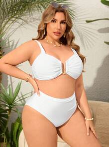 Swim Chiccia 2pcs Plus Size Women Solid Color Textured Fabric Spaghetti Strap Ruched Split Swimwear Set, Casual Beach Pool Wear - White - View 4