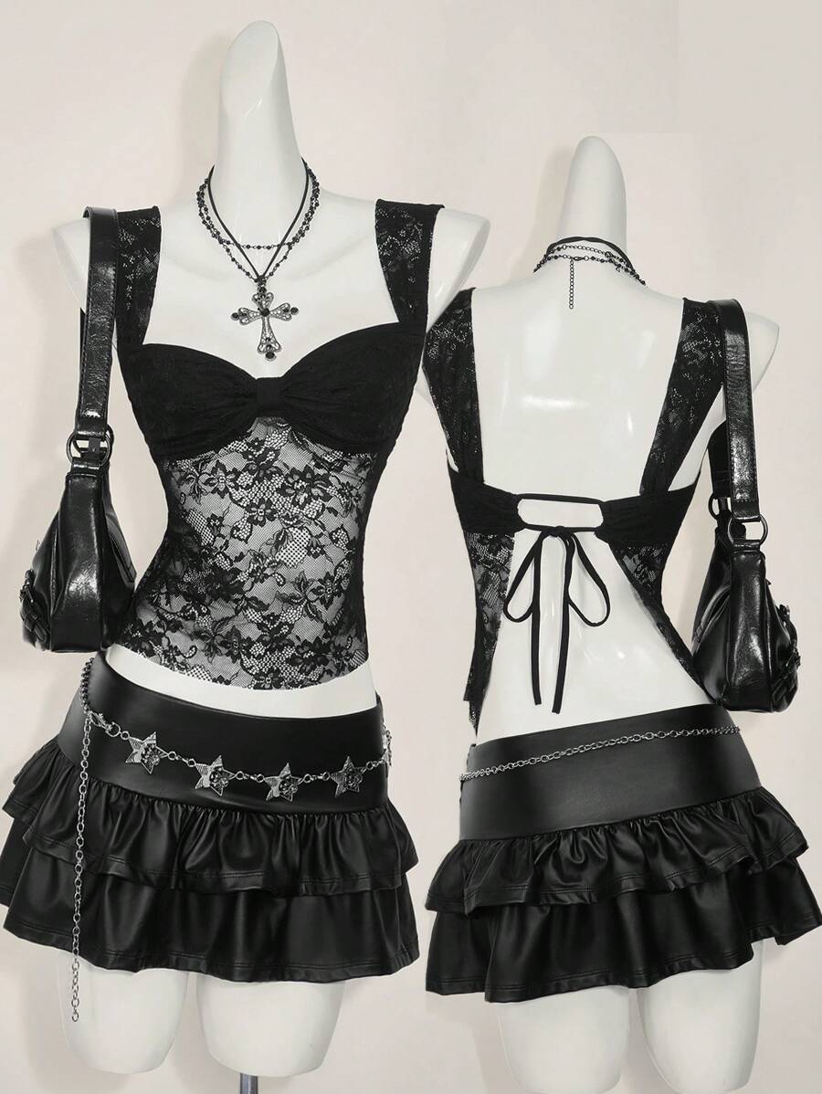 SHEIN ICON 女士时尚褶皱蕾丝后背结饰吊带背心