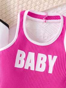 SHEIN Playful Pals 2 件套女婴休闲运动街头装简约字母印花无袖连衣裙，适合外出、春夏季 - 彩色 - 查看 3