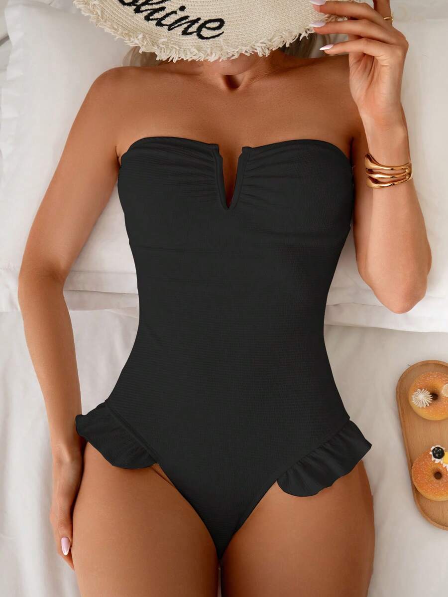 Swim Mod 女士度假优雅性感荷叶边简约泳衣，夏季 - 黑色 - 查看 1
