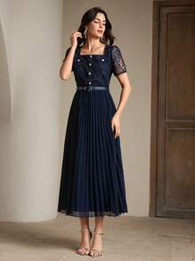 Anewsta Spitzen-Patchwork Chiffon Swing A-Linien Kleid, elegantes neues Design mit kurzen Ärmeln für Damen - marineblau - Übersicht 1