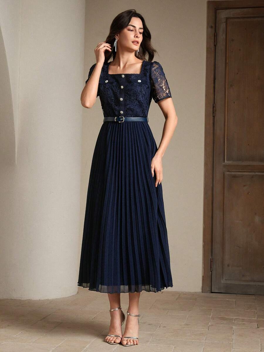 Anewsta Lace Patchwork Chiffon Swing A-Line Dress, New Ladies' Elegant Short Sleeve Design - Navy Blue - View 1