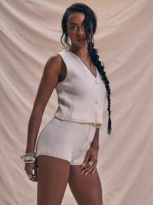 MUSERA Fitted Cropped Knitted Button Waistcoat Crop Top Spring Summer Holidays Soft Serve Airport Bridal Bachelorette Hen Do Wedding - Apricot - View 2