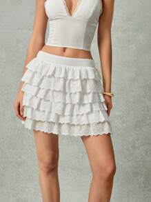 Poéselle Women Solid Color Embroidery Layered Ruffle Hem Mini Skirt - White - View 6