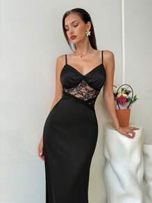 SHEIN VCAY Vestido de verano para mujer con cuello en V, empalmado de encaje en la cintura y línea A, atuendo para asistir a la boda, la tarde de té o el regreso a la escuela