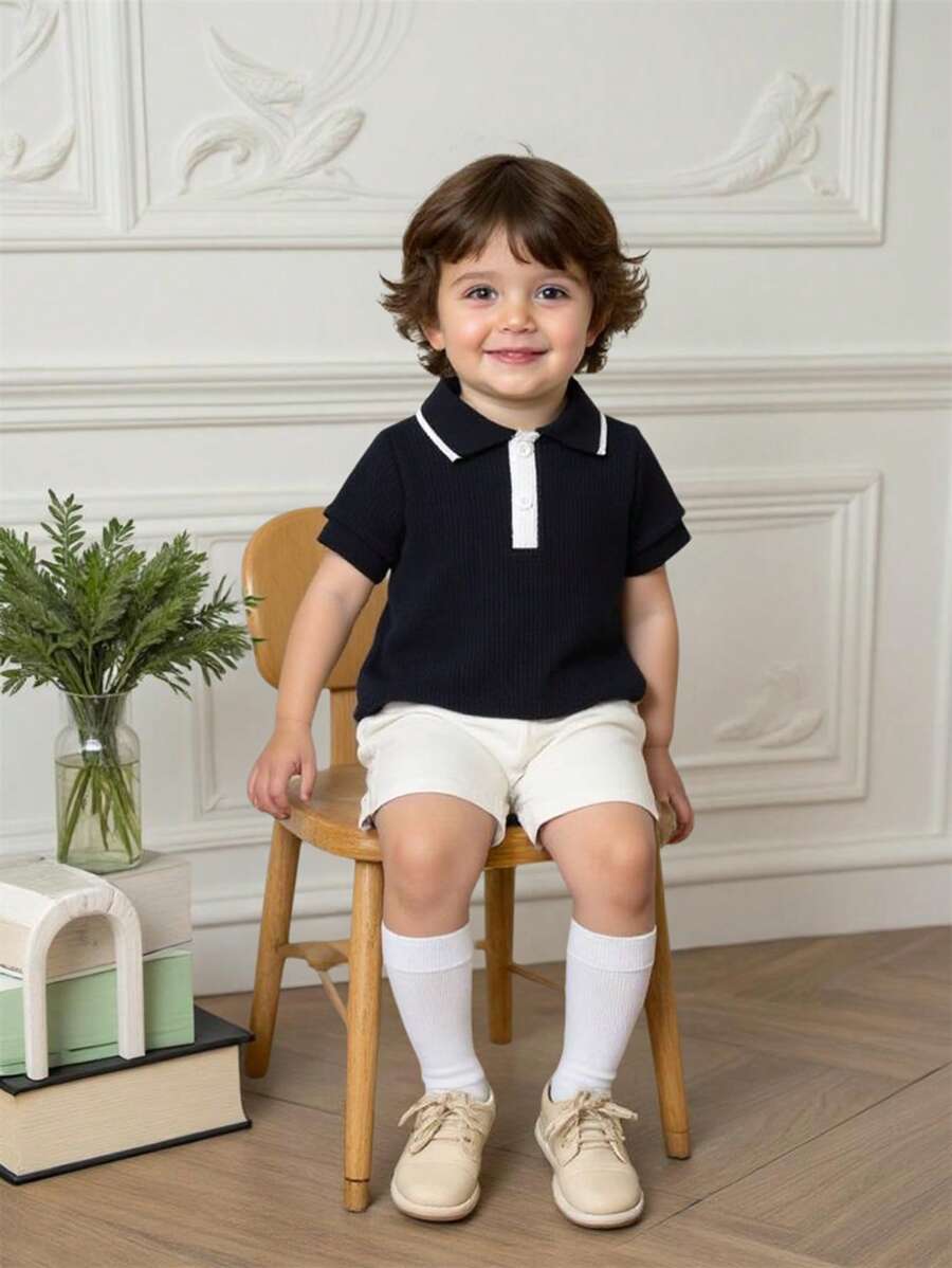 SHEIN Boys' Solid Color Polo Collar Turndown Collar T-Shirt, Academic Style Outdoor New Versatile Short Sleeve Regular Boys Top, Spring/Summer - Multicolor - View 1