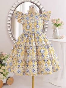 Tween Girls Elegant Geometric Retro Print Ruched Ruffle Hem Dress, Vacation, Gorgeous Palace Style, Gold Retro Print - Khaki - View 2