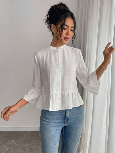 Gloray Camisa casual de mujer de un solo pecho de unicolor con mangas de campana