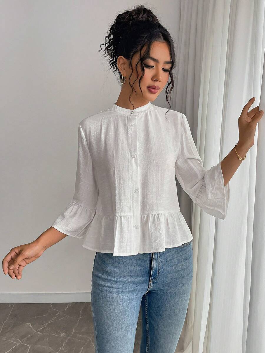 Gloray Áo sơ mi đơn hàng ngày tay chuông màu trơn dành cho nữ - trắng - Xem 1
