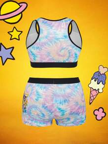 Nick 90s | SHEIN 大码舒适扎染卡通图案装饰文胸和内裤套装