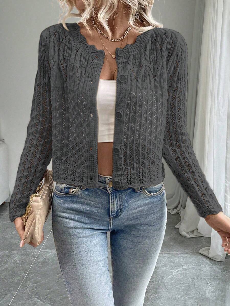 EMERY ROSE Women's Hollow Placket Button Front Cardigan, Knit Sweater Jacket For Autumn/Winter Fall Cloth For Women - Dark Grey - View 1