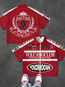 SHEIN Boys' Casual Graphic Print Polo Collar Zip-Up Short Sleeve Shirt - Multicolor - View 1