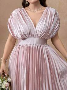 SHEIN Unity New Elegant Ruched Fitted Long Vacation Style Satin Solid Color Heavy Ruched V-Neck Gathered Waist Pleated Dress Women Formal Party Gown - Champagne - View 3