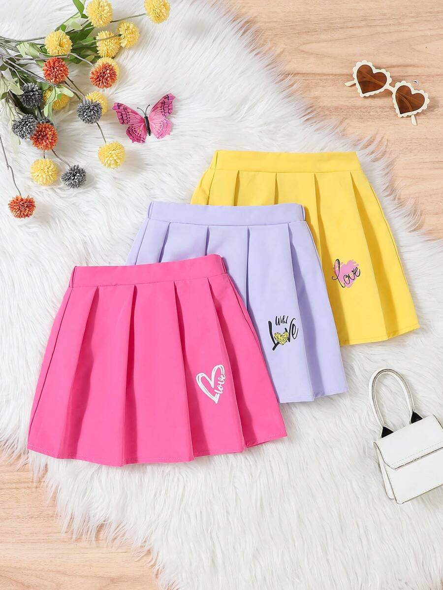 3 件套女孩休闲心形图案百褶裙,时尚派对夏季服装 - 彩色 - 查看 1