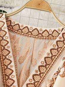 SHEIN LUNE Court Retro  Plus Size V-Neck Lantern Sleeve A-Line Knee Length Vacation Party Dress - Apricot - View 4