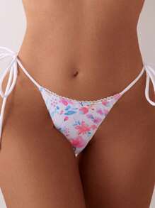 SHEIN Swim Women's Summer Beach, Valentine's Party Floral Print Bowknot Halter Ruffle Bikini Bottom - Multicolor - View 3