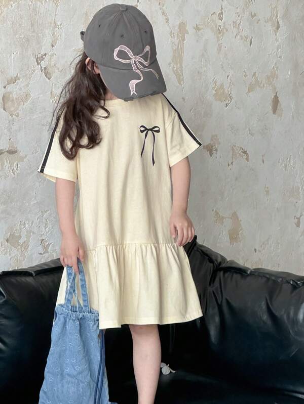 Dazy Kids Girls Young Girl Fall/Summer Casual Round Neck Knit Bow Print Short Sleeve Dress
