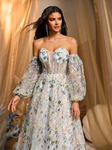 Glamrae 优雅多色浪漫华丽定位网眼刺绣管（可拆卸）灯笼长袖超大 A 字裙，配有可调节肩带，适合约会、海滩度假、生日、成人仪式、派对、毕业返校季、婚礼活动、婚礼宾客、晚宴舞会礼服、正式礼服、晚礼服、礼服 - 彩色 - 查看 6