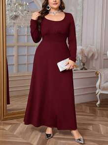 Firerie Plus Size Women's Casual Elegant Minimalist Commuting Daily Wear Square Collar Ruched Tie Long Sleeve Elastic A-Line Dress, Spring/,New Year Formal Red Dresses For Women - Red - View 6