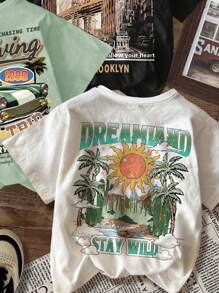 SHEIN Camiseta de manga corta de cuello redondo con gráfico de paisaje casual para niños, apropiada para el verano - Multicolor - Ver 3