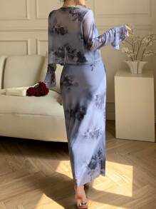 Modelyn 2pcs/Set Women Elegant Floral Print Long Sleeve Top & Ruched Cami Bodycon Dress - Mauve Purple - View 5