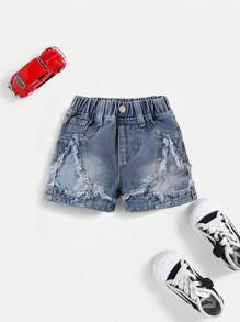 Denimly 幼儿男童时尚休闲户外校园星星拼接松紧腰洗水牛仔短裤 - 中等水洗藍 - 查看 1