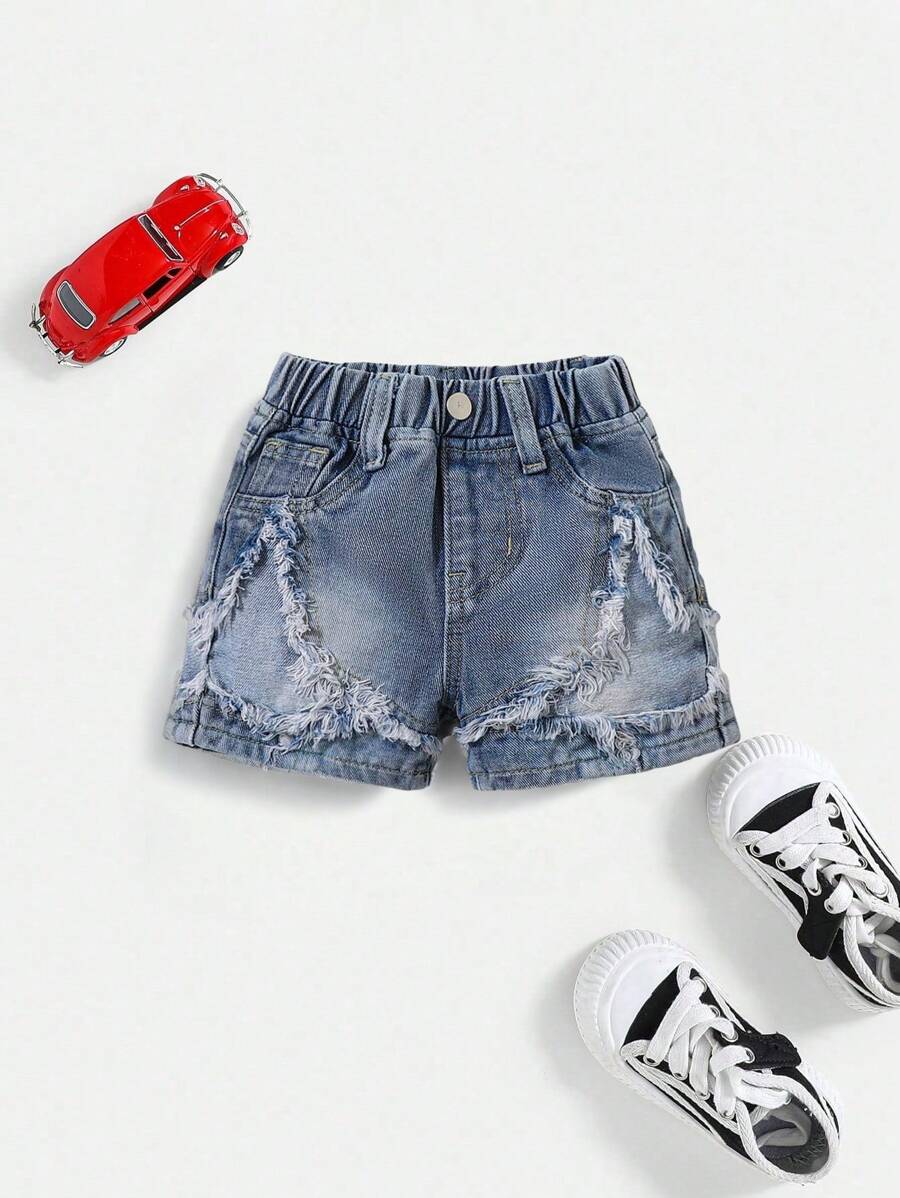 Denimly 幼儿男童时尚休闲户外校园星星拼接松紧腰洗水牛仔短裤 - 中等水洗藍 - 查看 1