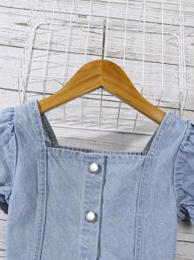 Elladie kids Young Girl' Cute Ruffled Puff Sleeve Elastic Waist Denim Jacket And Shorts 2pcs Set,Holiday,Summer,Travel Summer Holiday - Light Wash - View 4