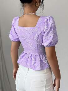 Elenzga Áo sơ mi tay giám mục cổ chữ V thời trang mới dành cho nữ, vải có họa tiết, thiết kế viền nhún bèo, đa năng khi đi làm, tụ tập và hẹn hò - Thanh lịch, trẻ trung và thon gọn - Màu tím - Xem 2