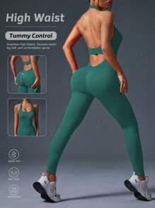 Slayform Minimalist Stylish Backless Sports Jumpsuit, Suitable For Summer - Dark Green - View 2