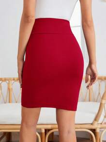 EMERY ROSE Falda ajustada de unicolor y elegante de cintura alta para mujer - Rojo - Ver 2