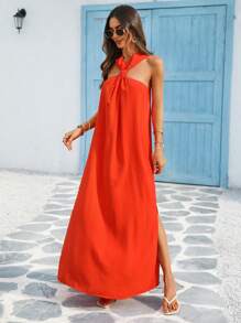 Vivid Eden 无袖露背侧开衩沙滩裙，春夏 - 橘色 - 查看 6