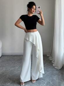 Rafferiza Quần dài đi nghỉ thanh lịch xếp ly bất đối xứng cho nữ - trắng - Xem 4