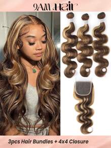 3 Bó tóc người nguyên chất chưa qua xử lý nhuộm màu Piano Highlight với phần tóc giả ren 4x4 trong một bộ P4/27# Bó tóc hỗn hợp và phần tóc giả - S4/27 - Xem 1