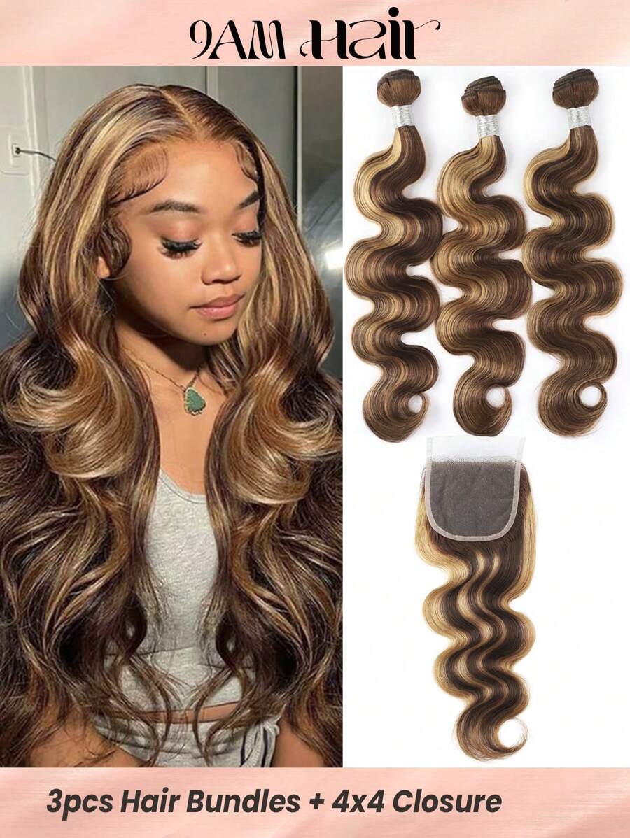 3 Bó tóc người nguyên chất chưa qua xử lý nhuộm màu Piano Highlight với phần tóc giả ren 4x4 trong một bộ P4/27# Bó tóc hỗn hợp và phần tóc giả - S4/27 - Xem 1