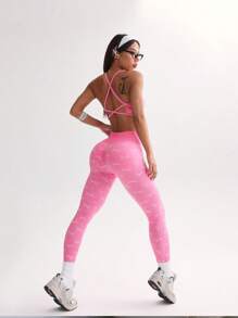 SHEIN Sport Studio Women's Bow Printed Halter Top And Sweatpants Sports Suitwomen Workout Set