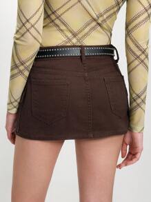 Arave Women's Casual Brown Denim Mini Skirt With Pockets - Coffee Brown - View 3